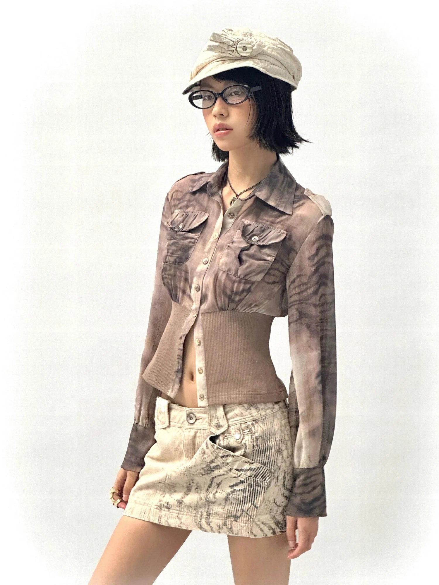 Tiger Print Slim Tie Dye Chiffon Long Sleeve Shirt