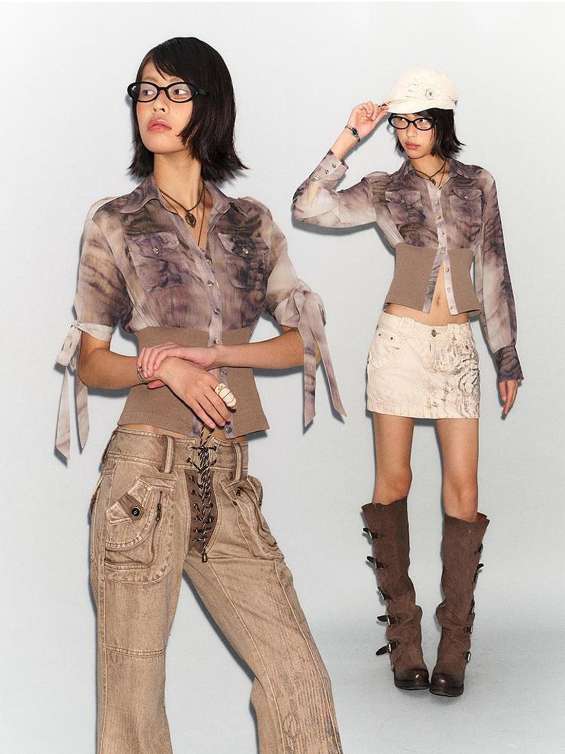 Flowers birds Market Tiger Print Slim Tie Dye Chiffon Long Sleeve Shirt