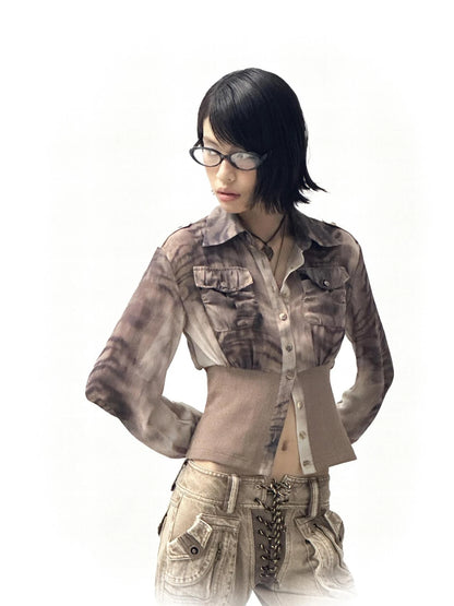 Tiger Print Slim Tie Dye Chiffon Long Sleeve Shirt