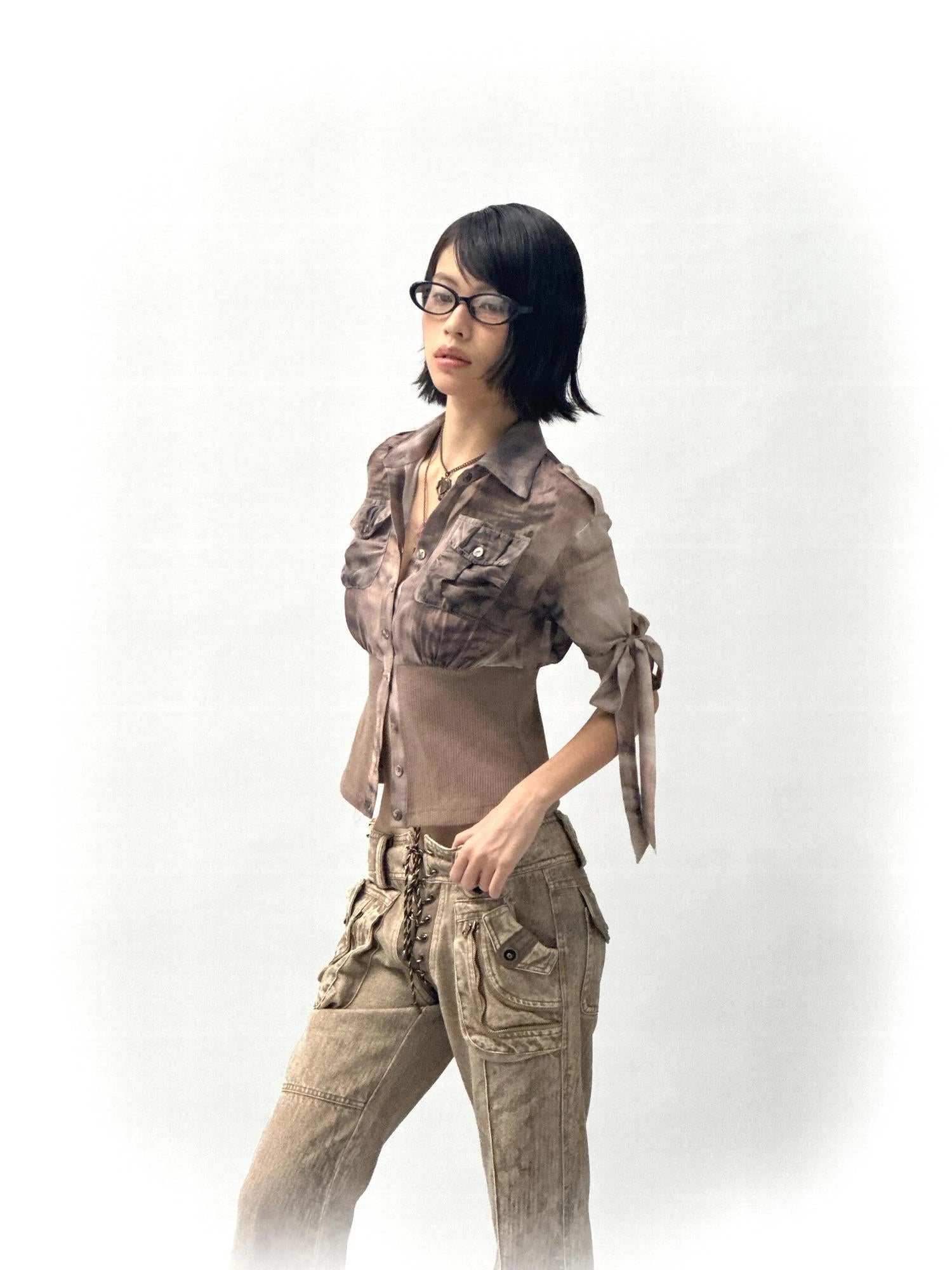 Tiger Print Slim Tie Dye Chiffon Long Sleeve Shirt