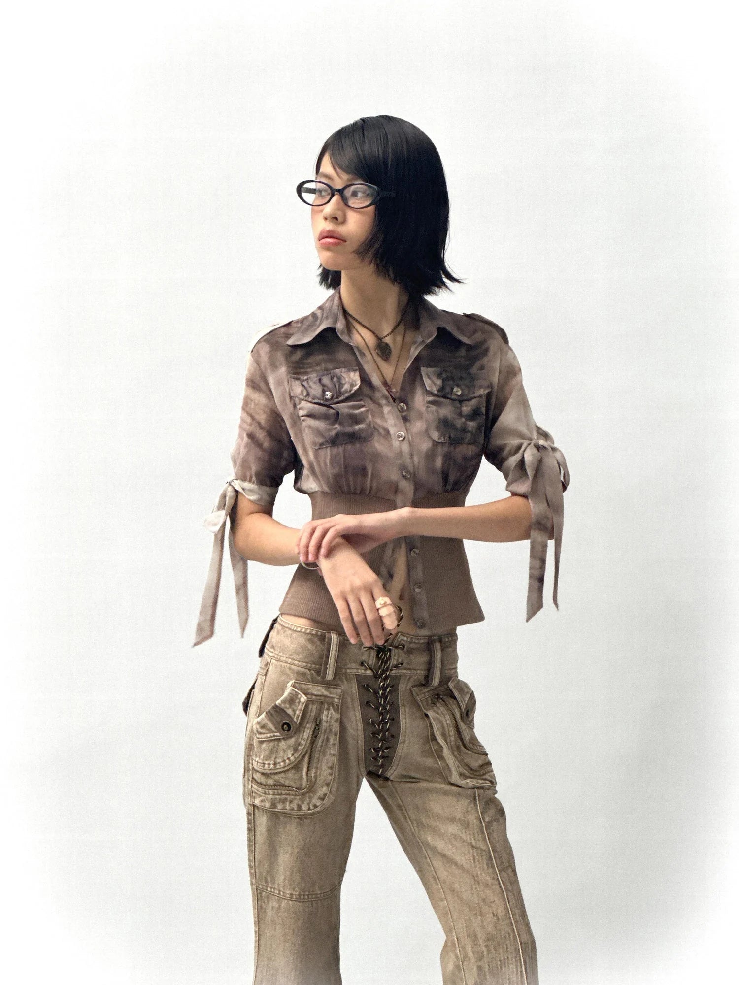 Tiger Print Slim Tie Dye Chiffon Long Sleeve Shirt