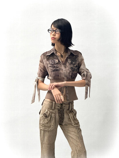 Tiger Print Slim Tie Dye Chiffon Long Sleeve Shirt