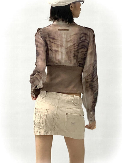 Tiger Print Slim Tie Dye Chiffon Long Sleeve Shirt