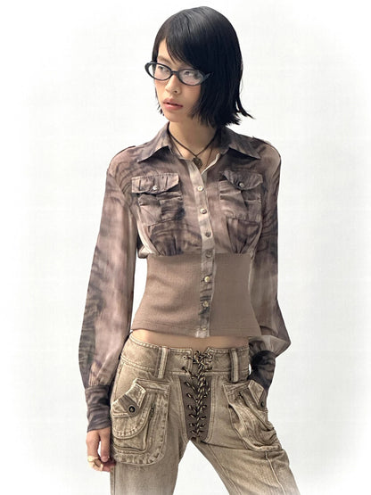 Tiger Print Slim Tie Dye Chiffon Long Sleeve Shirt