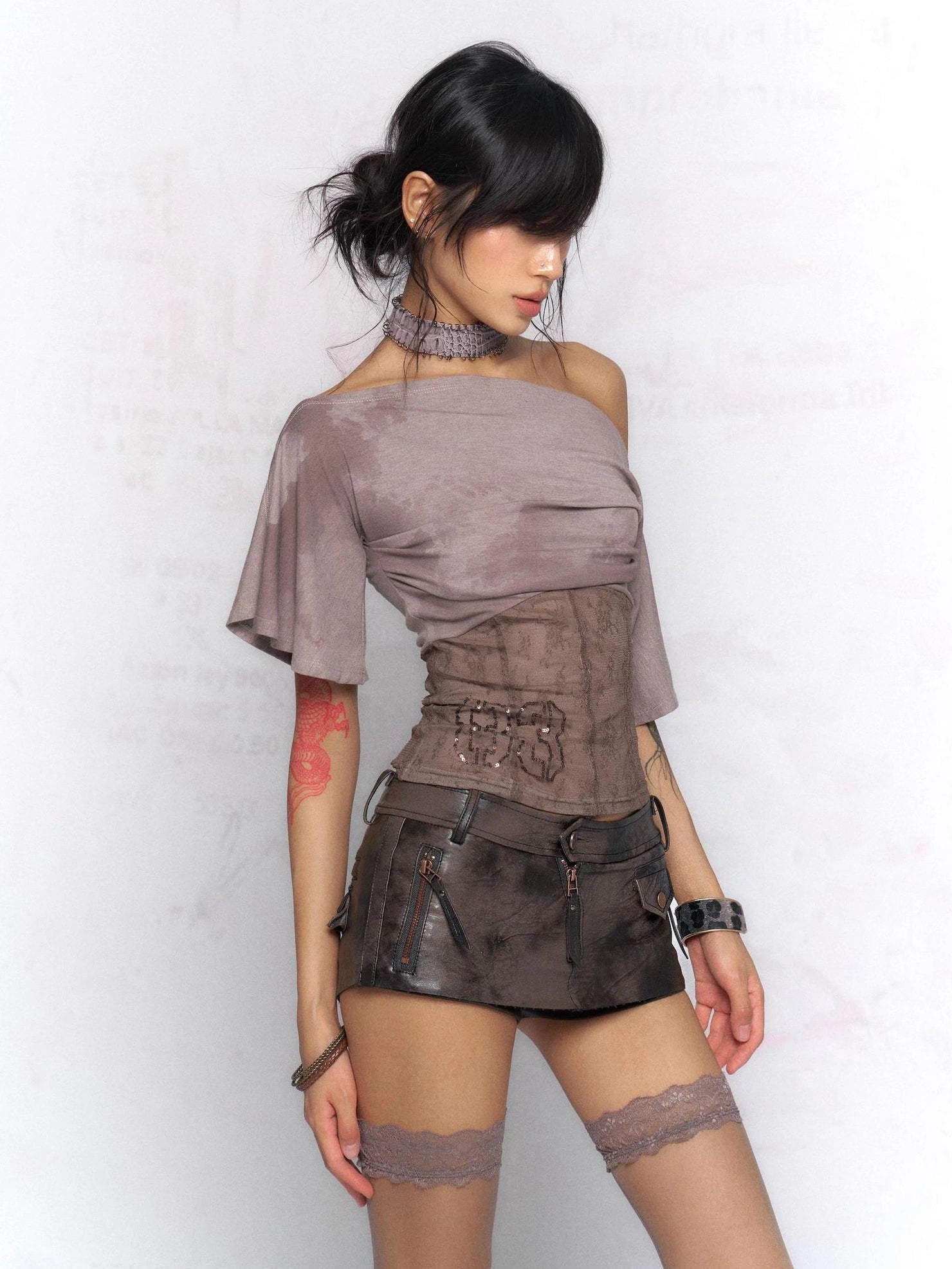 Flowers birds Market Two Tone Distressed Low Rise Bodycon Women Date Night City Walk Mini Skirt