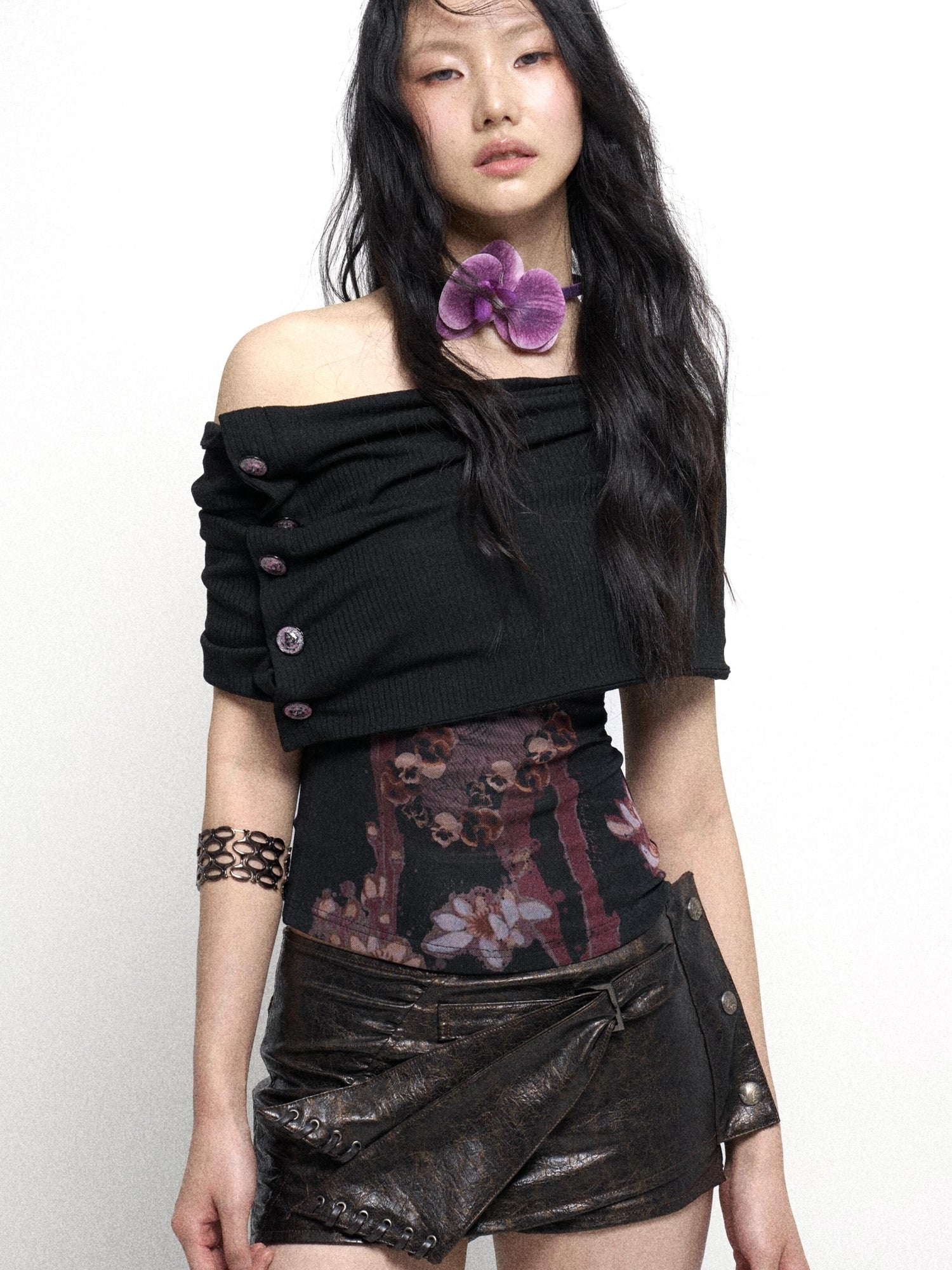 Flowers birds Market Two Tone Vintage Distressed Leather Shorts