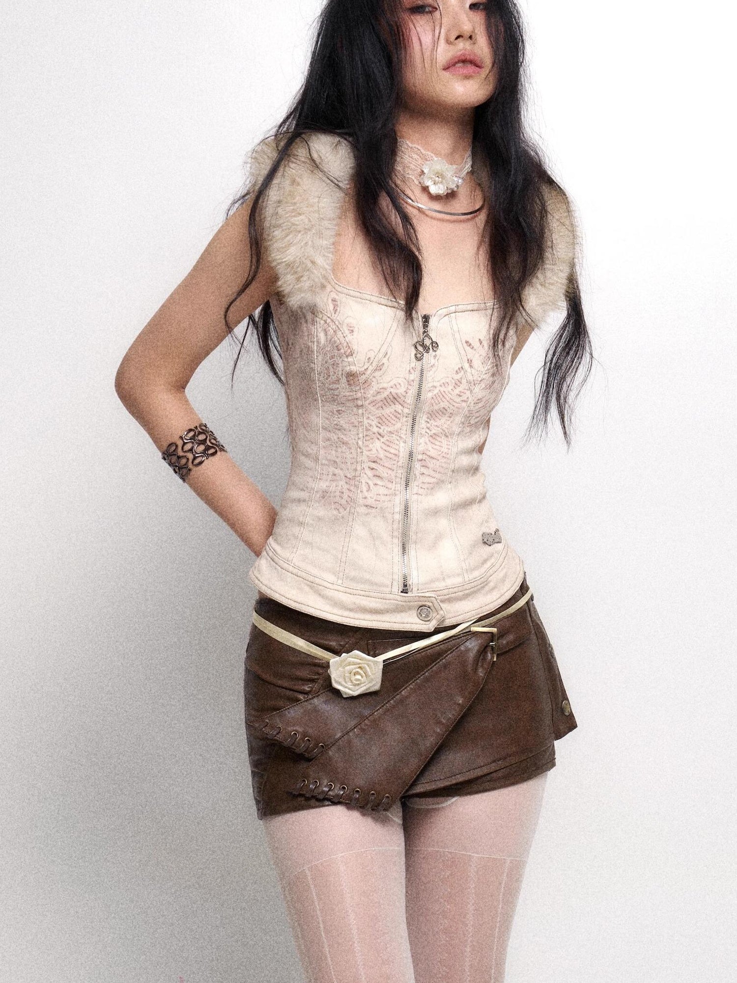 Flowers birds Market Two Tone Vintage Distressed Leather Shorts