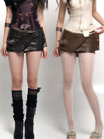 Flowers birds Market Two Tone Vintage Distressed Leather Shorts