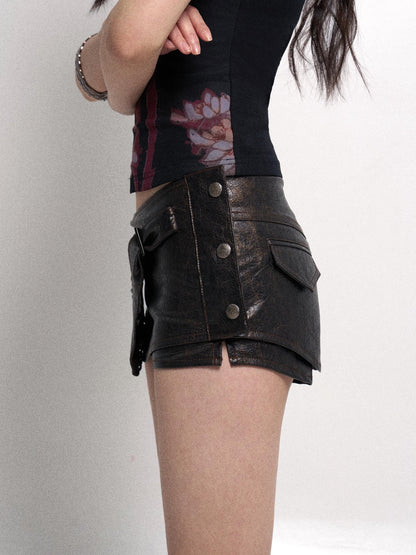 Flowers birds Market Two Tone Vintage Distressed Leather Shorts