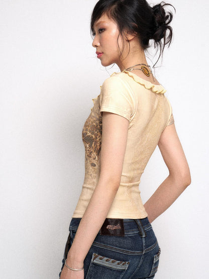 Flowers birds Market V-Neck Ribbed Tee With Leopard Print And Lace-Up Detail