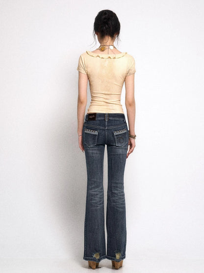 V-Neck Ribbed Tee With Leopard Print And Lace-Up Detail