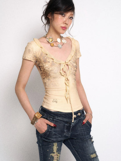 V-Neck Ribbed Tee With Leopard Print And Lace-Up Detail