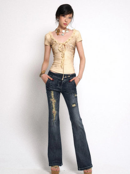 V-Neck Ribbed Tee With Leopard Print And Lace-Up Detail