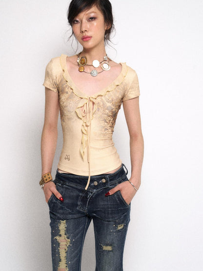 Flowers birds Market V-Neck Ribbed Tee With Leopard Print And Lace-Up Detail