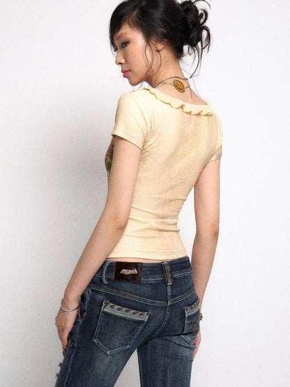 V-Neck Ribbed Tee With Leopard Print And Lace-Up Detail