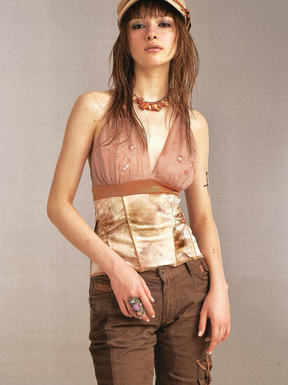 Flowers birds Market Velvet Floral Embroidered Beaded Slinky Summer Camisole Top