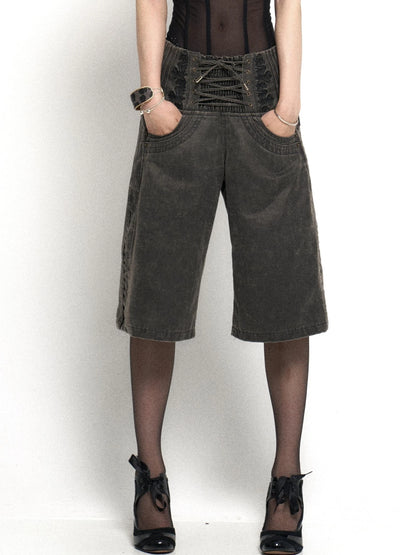 Vintage Embroidered Drawstring Wide Leg Shorts