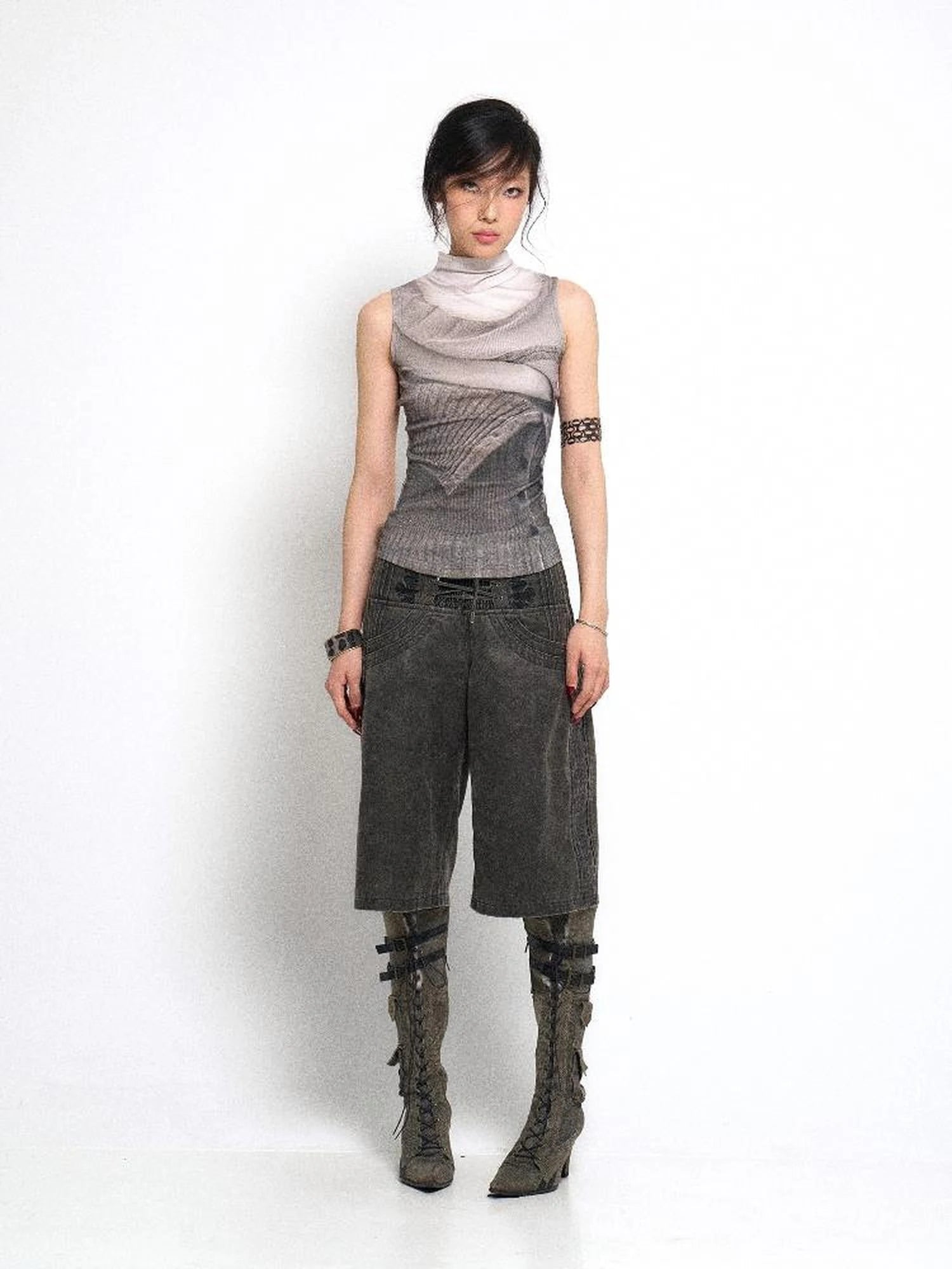 Vintage Embroidered Drawstring Wide Leg Shorts