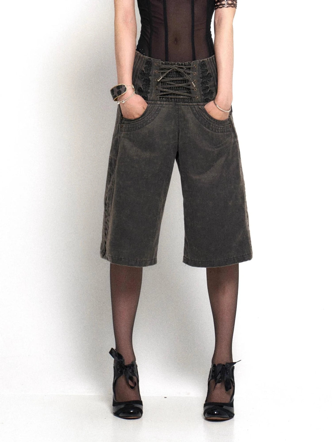 Vintage Embroidered Drawstring Wide Leg Shorts