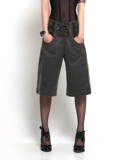 Vintage Embroidered Drawstring Wide Leg Shorts