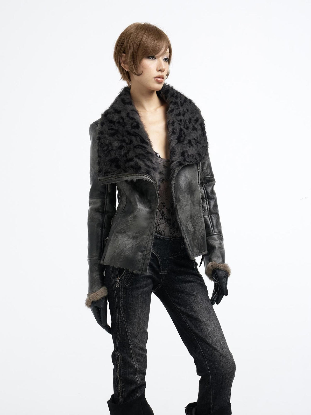 Flowers birds Market Vintage Faux Fur Trim Stand Collar Pu Women&