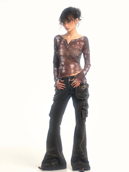 Vintage  Denim Pants Multi Pocket Stretch Cotton Low Rise Grey