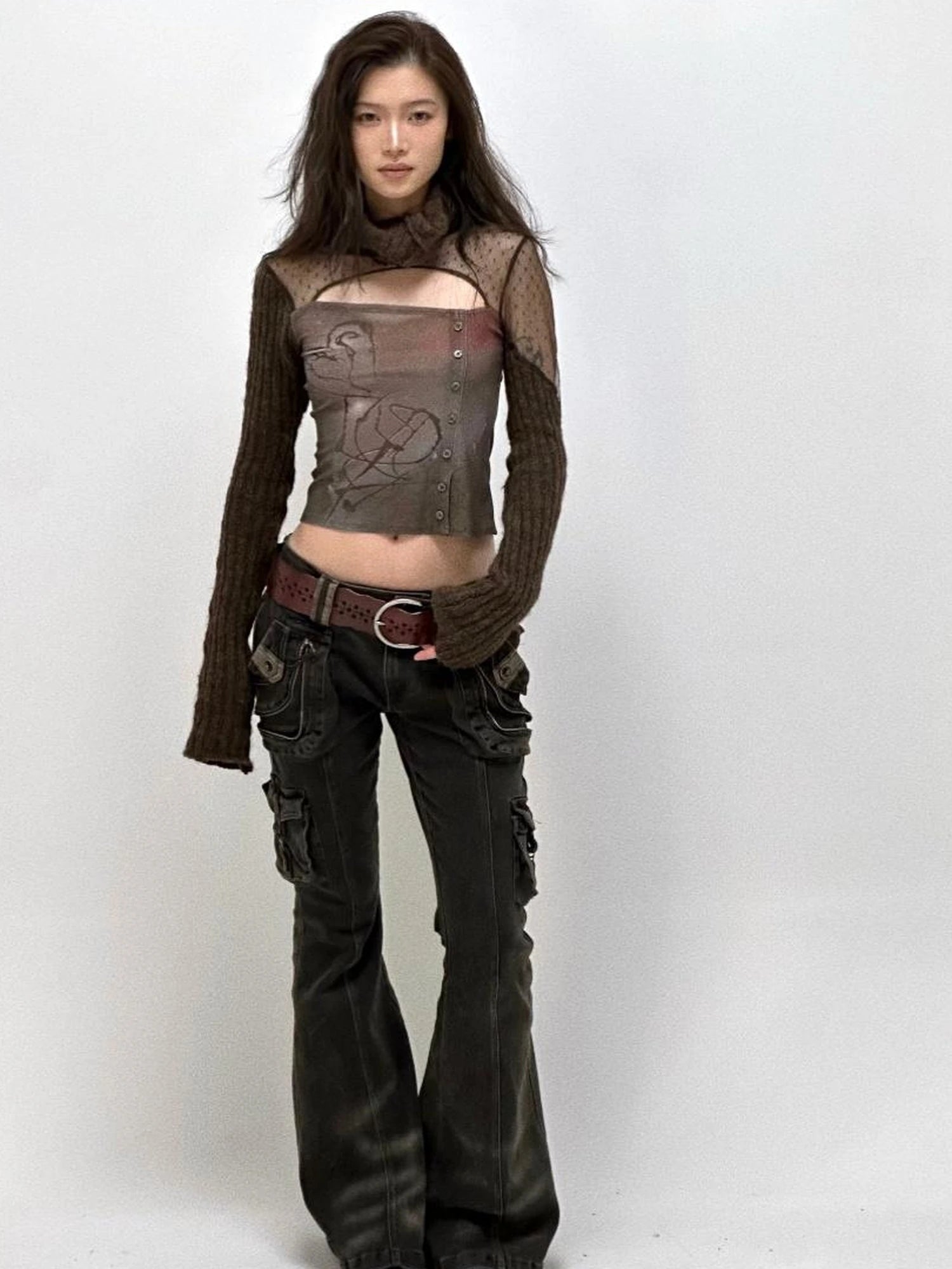 Vintage  Denim Pants Multi Pocket Stretch Cotton Low Rise Grey