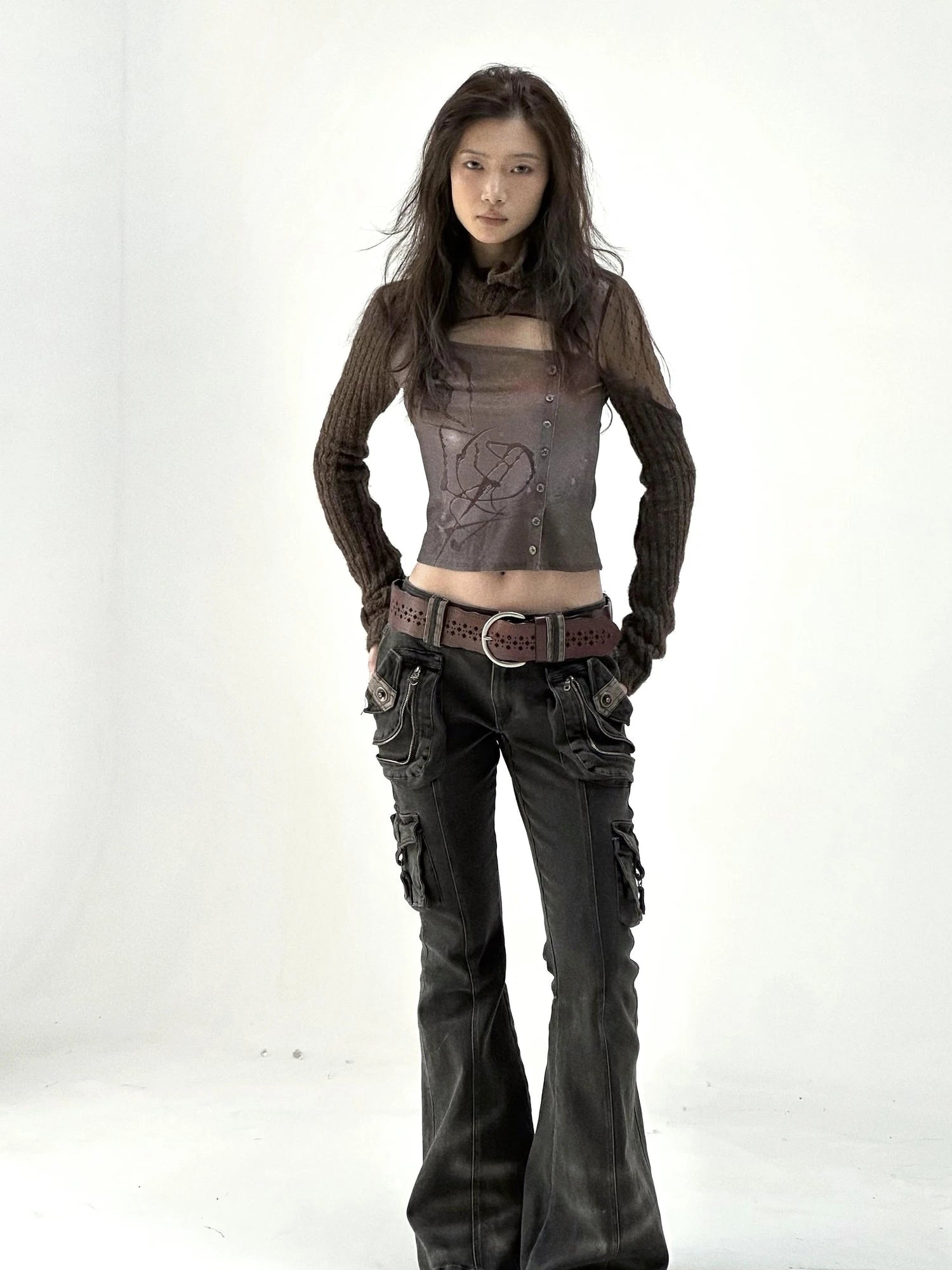 Vintage  Denim Pants Multi Pocket Stretch Cotton Low Rise Grey