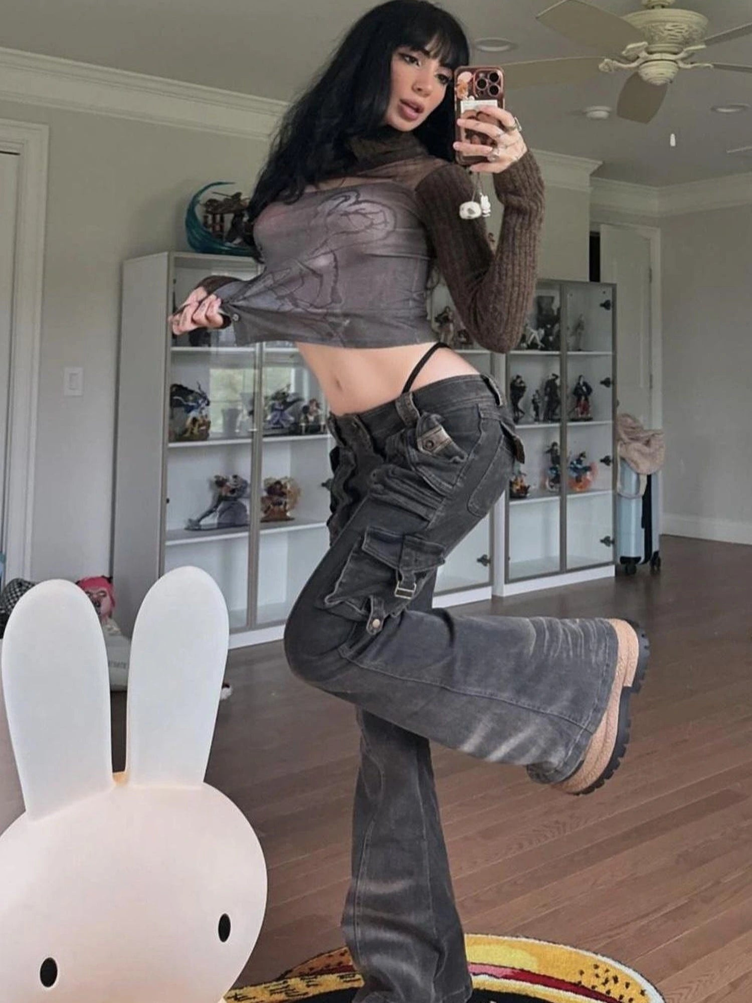 Vintage  Denim Pants Multi Pocket Stretch Cotton Low Rise Grey