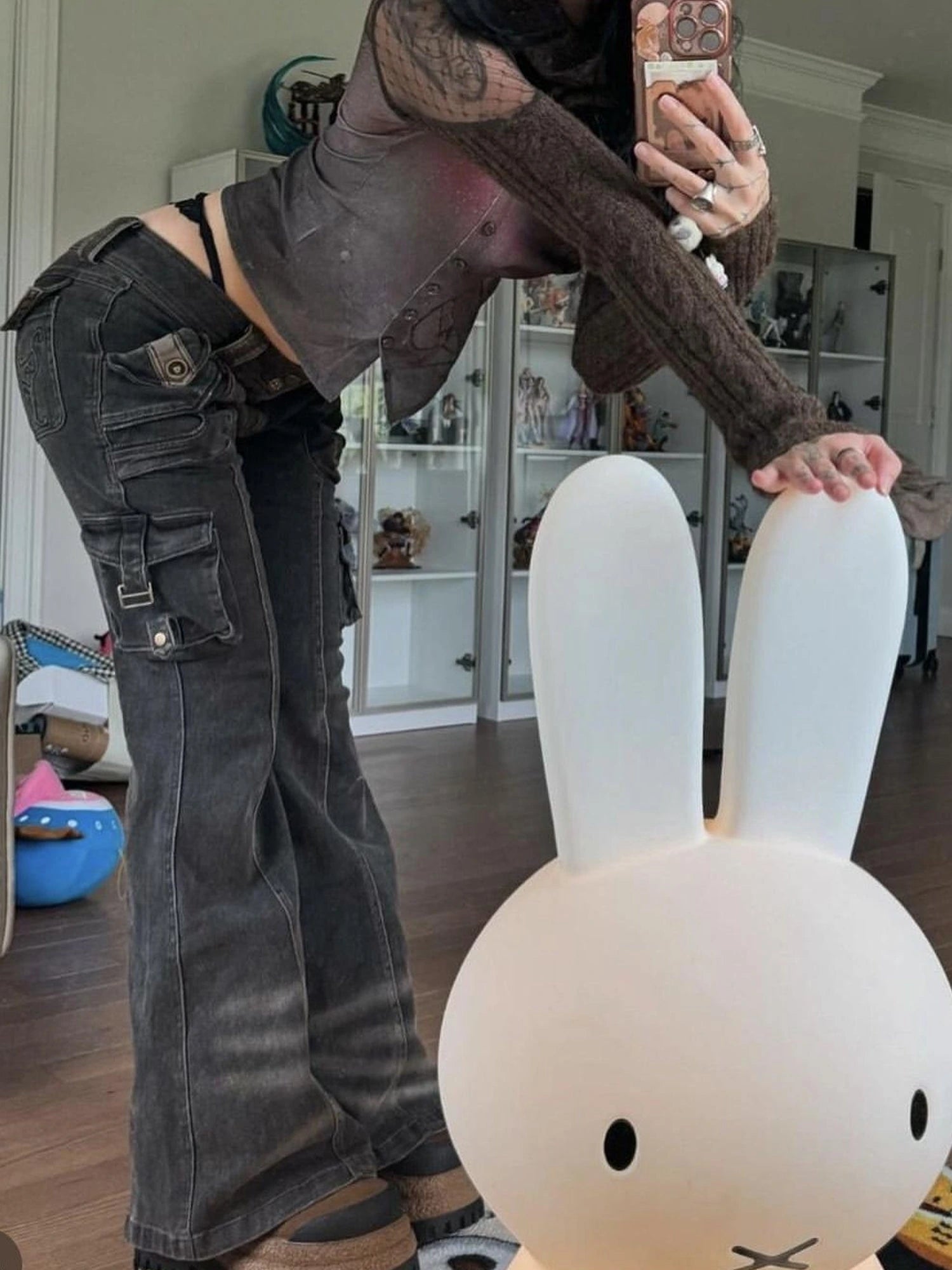 Vintage  Denim Pants Multi Pocket Stretch Cotton Low Rise Grey