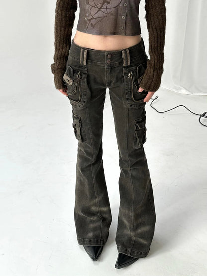 Vintage  Denim Pants Multi Pocket Stretch Cotton Low Rise Grey