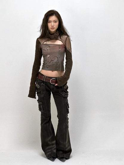 Vintage  Denim Pants Multi Pocket Stretch Cotton Low Rise Grey