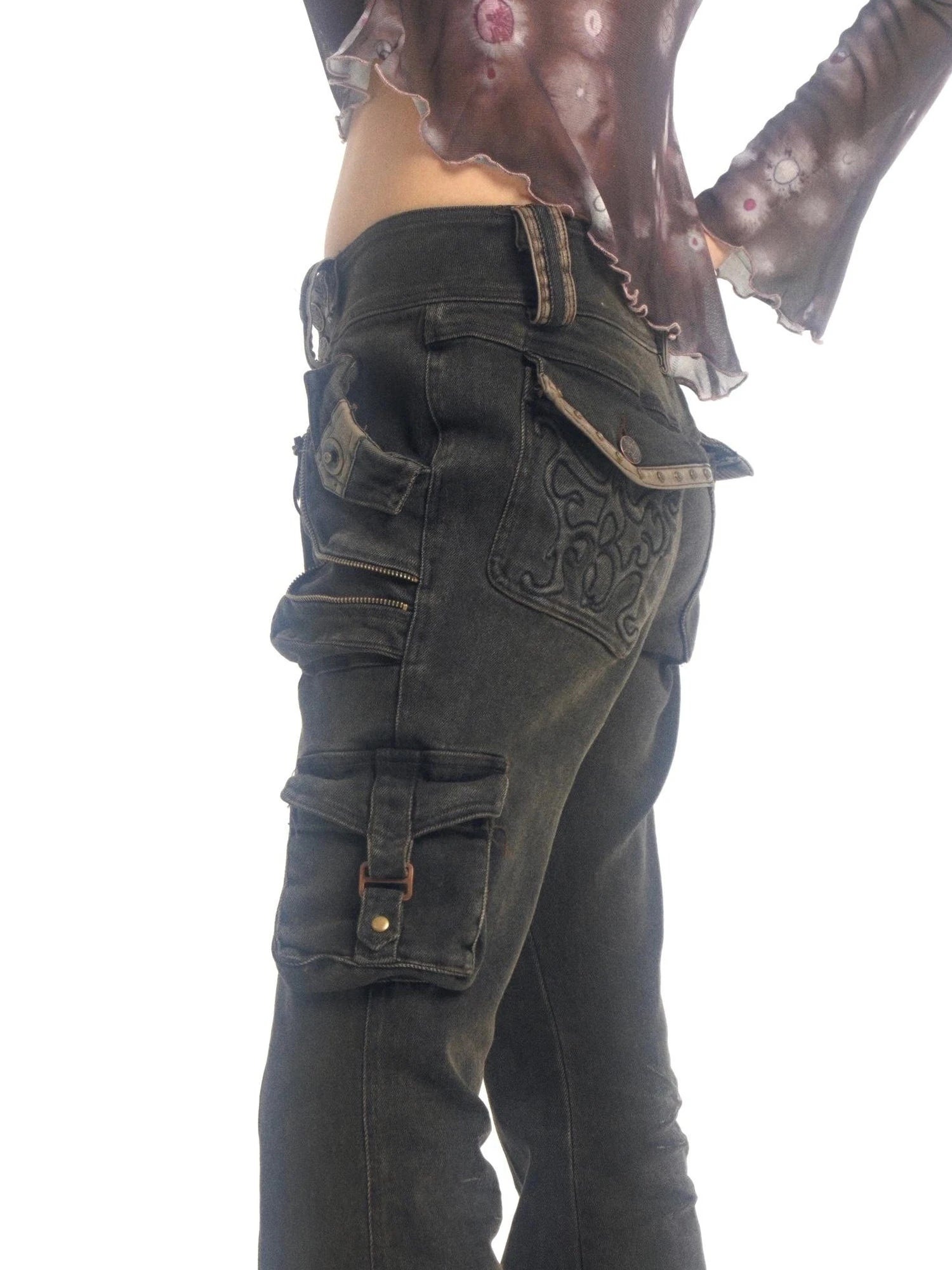 Vintage  Denim Pants Multi Pocket Stretch Cotton Low Rise Grey