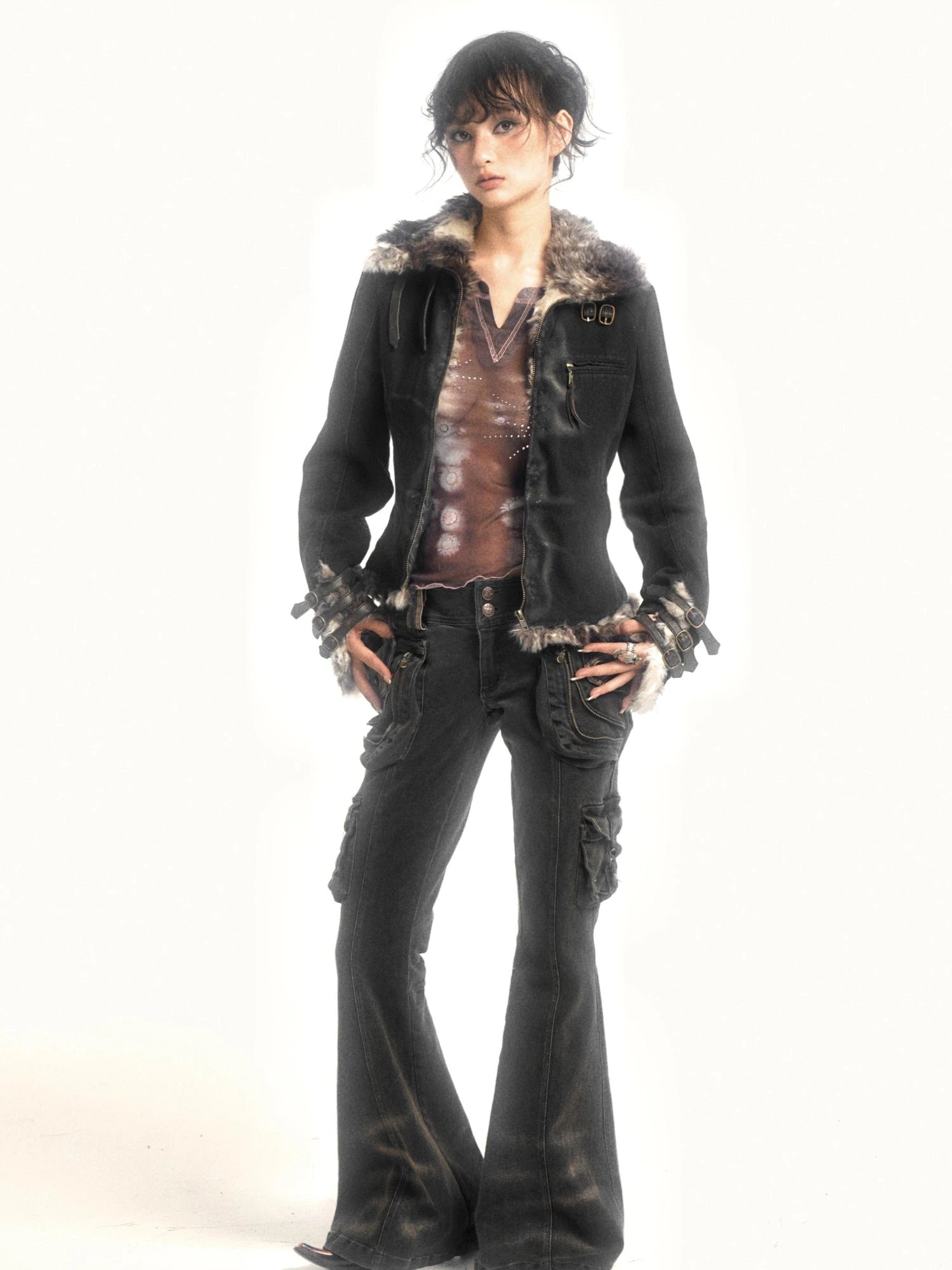 Vintage  Denim Pants Multi Pocket Stretch Cotton Low Rise Grey