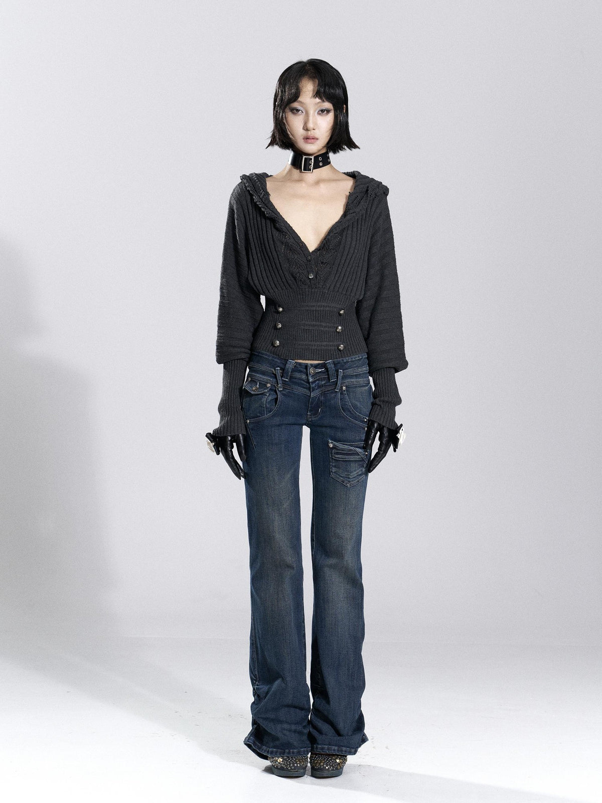 Flowers birds Market Vintage Pointelle Hooded Batwing Sleeve Women&