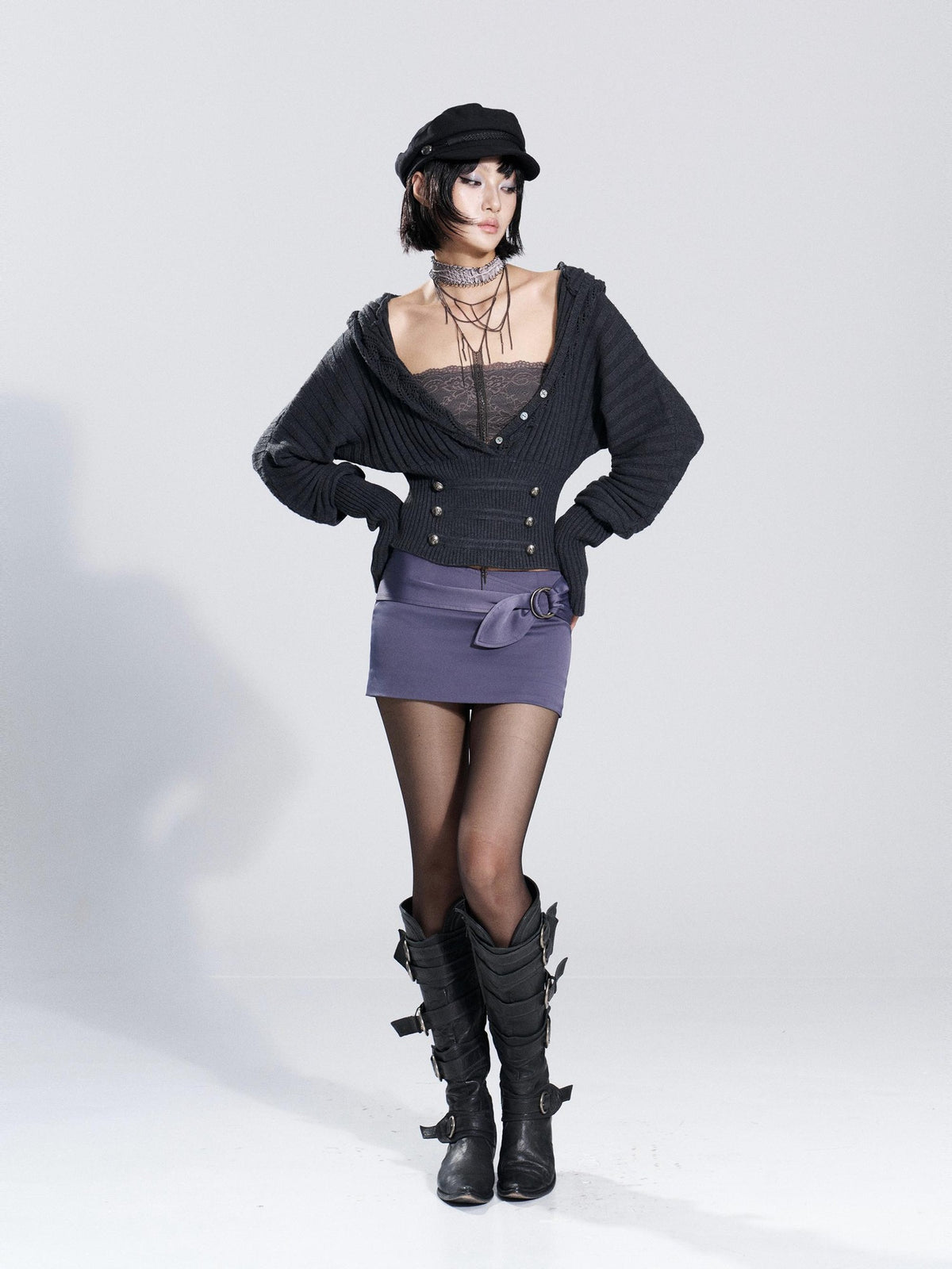 Flowers birds Market Vintage Pointelle Hooded Batwing Sleeve Women&