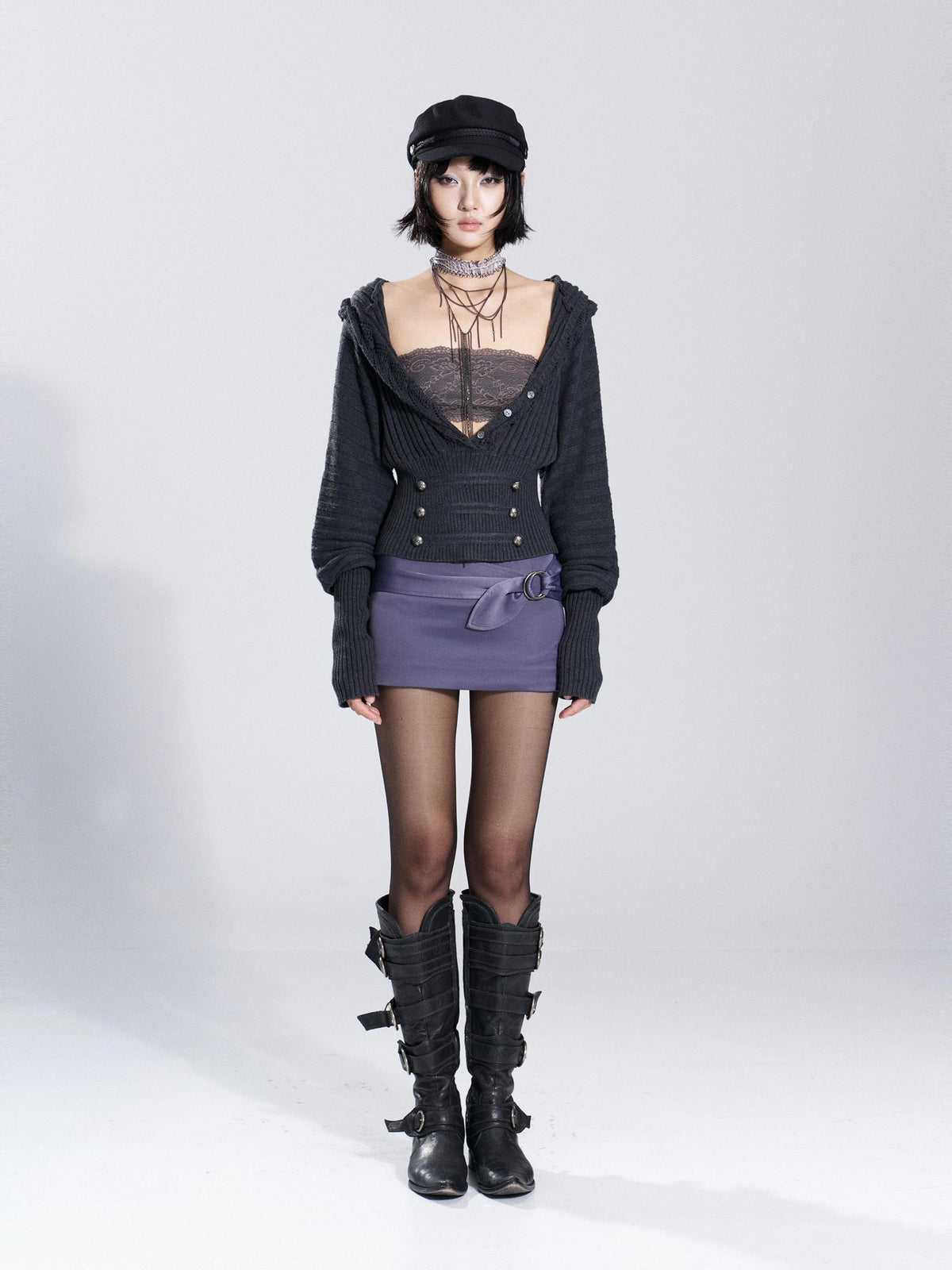 Flowers birds Market Vintage Pointelle Hooded Batwing Sleeve Women&