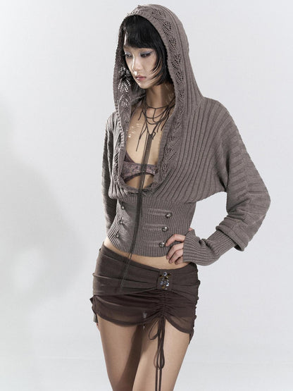 Flowers birds Market Vintage Pointelle Hooded Batwing Sleeve Women&