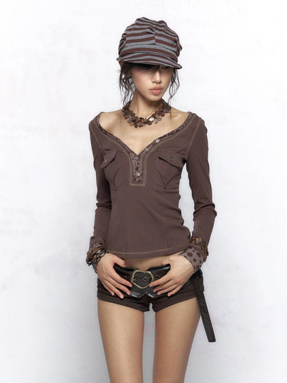 Flowers birds Market Vintage Polka Dot Patchwork Slim Fit Long Sleeve V Neck Women T-Shirt