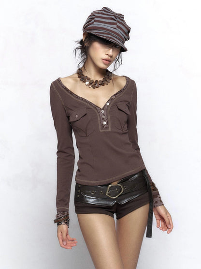 Flowers birds Market Vintage Polka Dot Patchwork Slim Fit Long Sleeve V Neck Women T-Shirt