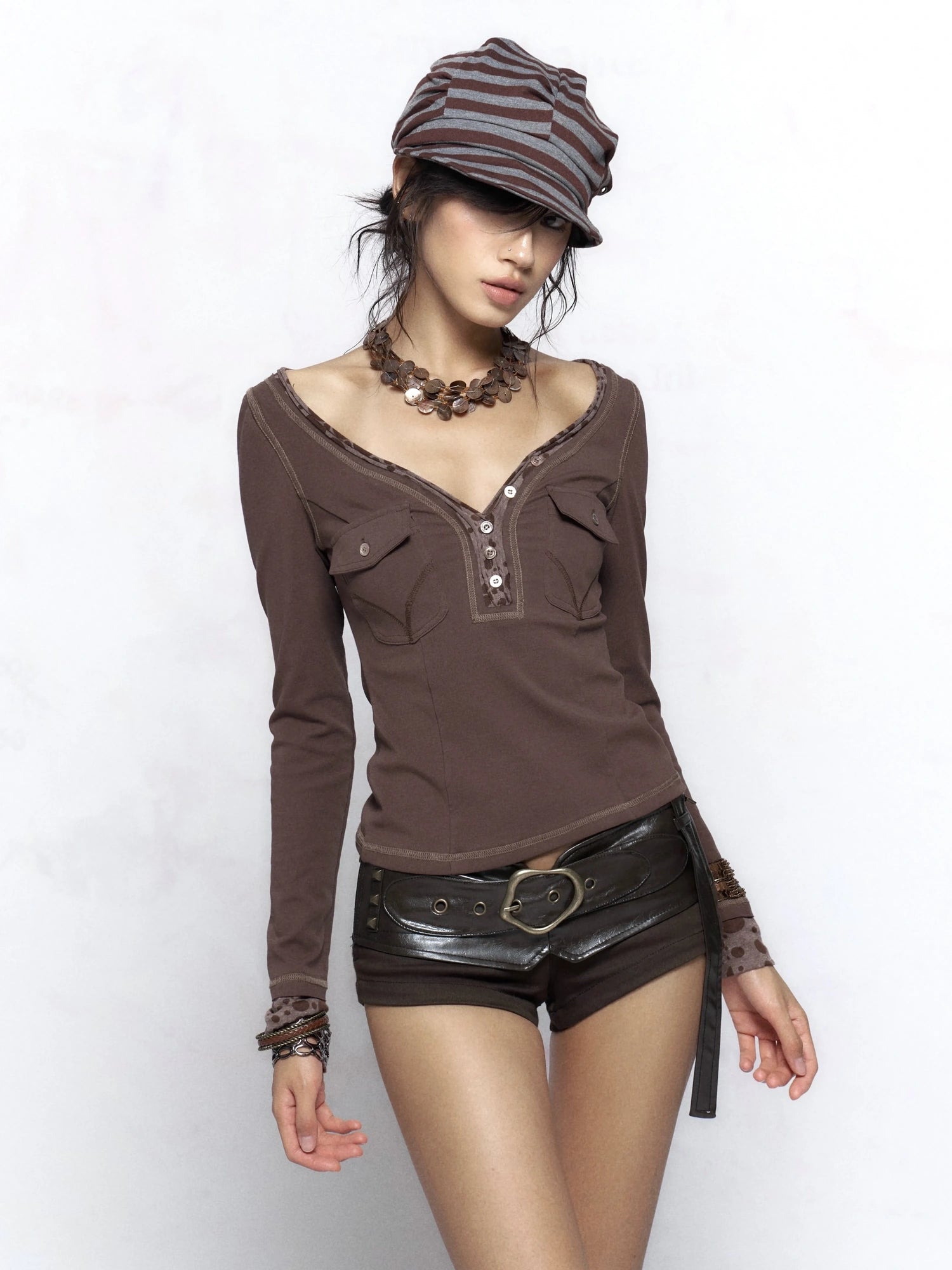 Flowers birds Market Vintage Polka Dot Patchwork Slim Fit Long Sleeve V Neck Women T-Shirt