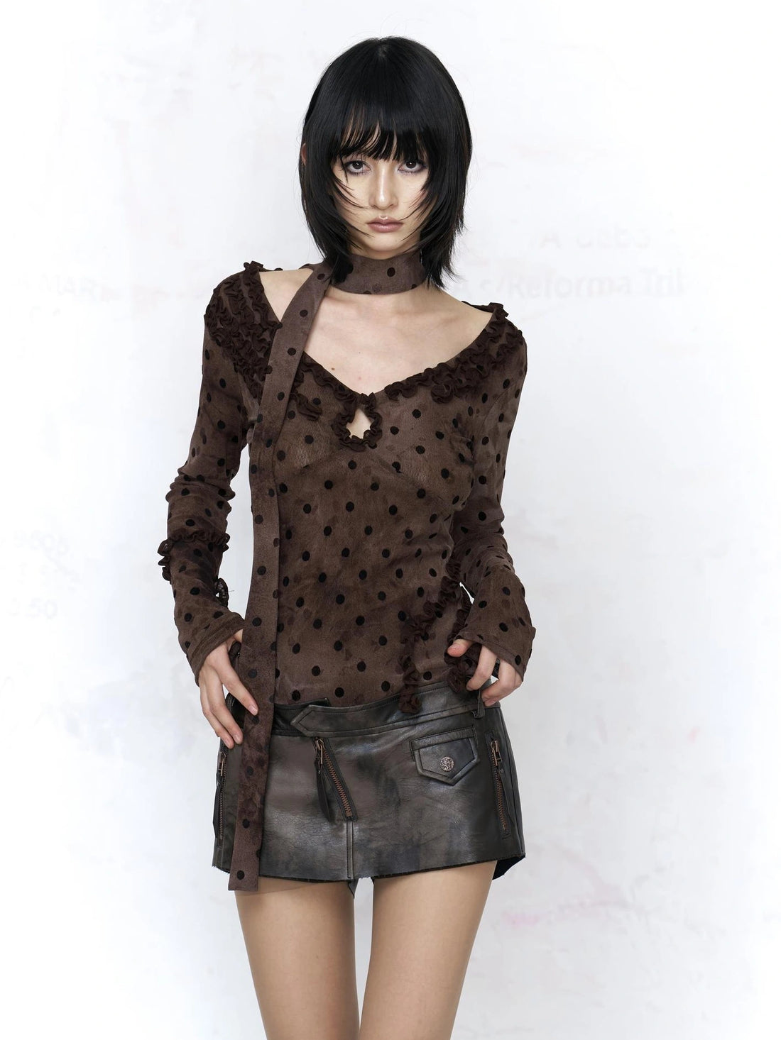 Flowers birds Market Vintage Polka Dot V Neck Tie Detail Slim Fit Long Sleeve Women Brown T-Shirt