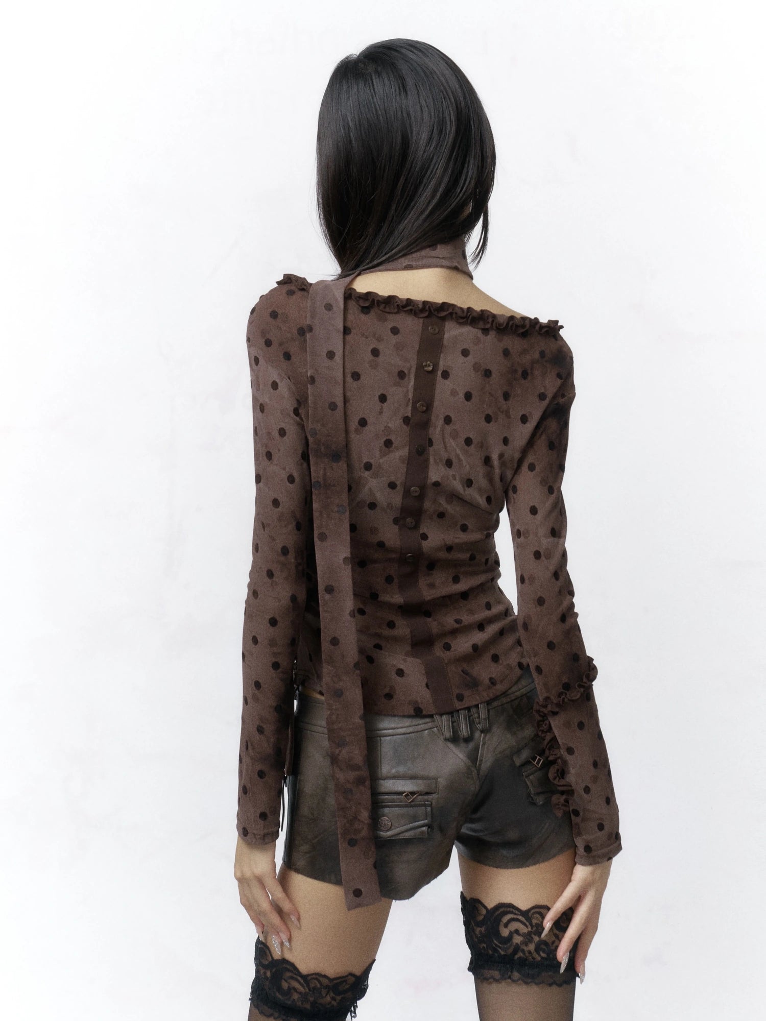 Flowers birds Market Vintage Polka Dot V Neck Tie Detail Slim Fit Long Sleeve Women Brown T-Shirt