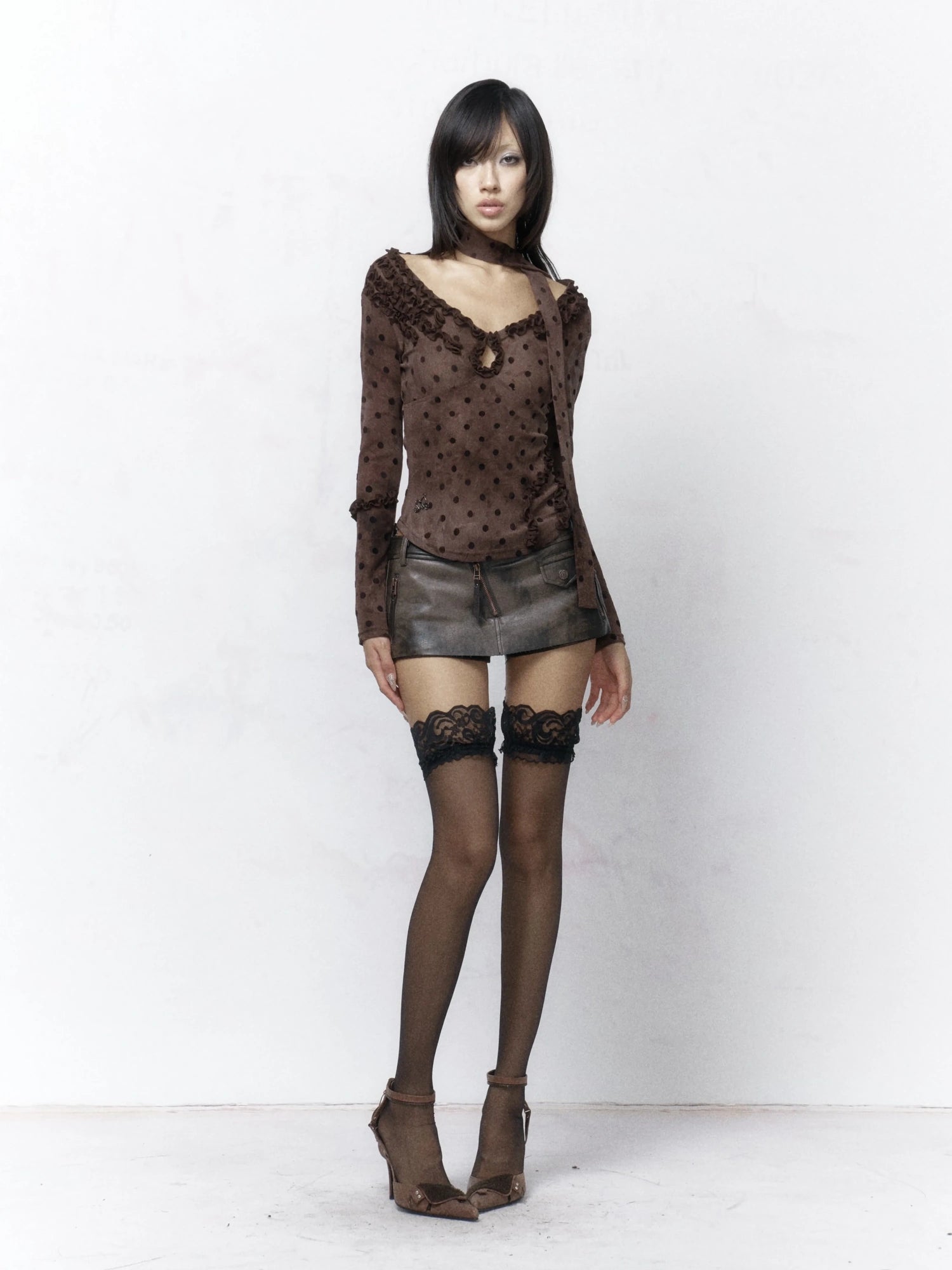 Flowers birds Market Vintage Polka Dot V Neck Tie Detail Slim Fit Long Sleeve Women Brown T-Shirt