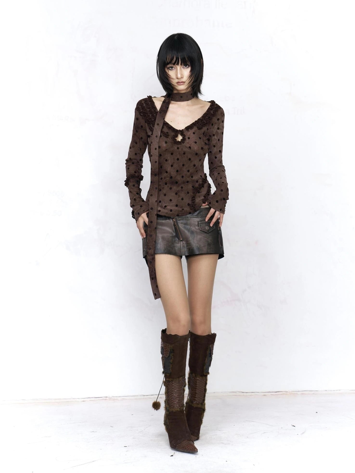 Flowers birds Market Vintage Polka Dot V Neck Tie Detail Slim Fit Long Sleeve Women Brown T-Shirt