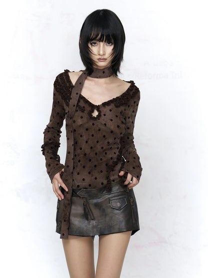 Flowers birds Market Vintage Polka Dot V Neck Tie Detail Slim Fit Long Sleeve Women Brown T-Shirt