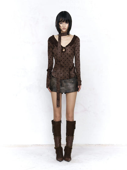 Flowers birds Market Vintage Polka Dot V Neck Tie Detail Slim Fit Long Sleeve Women Brown T-Shirt