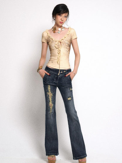 Flowers birds Market Vintage Raw Denim Flared Jeans with Distressed Detailing and Glitter