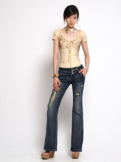 Flowers birds Market Vintage Raw Denim Flared Jeans with Distressed Detailing and Glitter