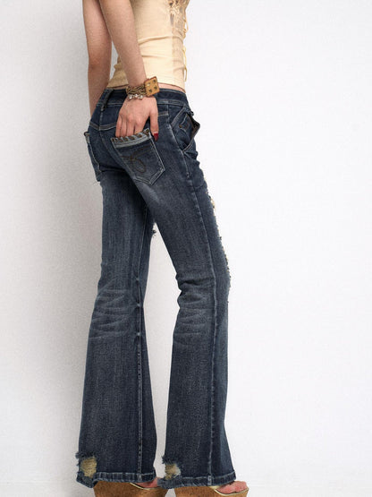 Flowers birds Market Vintage Raw Denim Flared Jeans with Distressed Detailing and Glitter